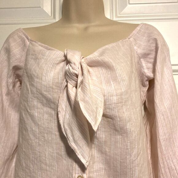 FREE PEOPLE Linen Blend Hello There Off The Shoulder  Pink White Mini Stripes XS - Picture 4 of 12